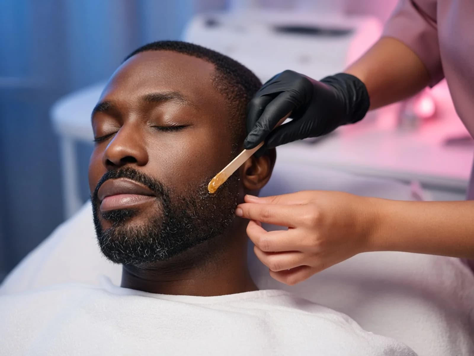 Esthetician applying facial wax along a man’s beard line in a spa treatment room