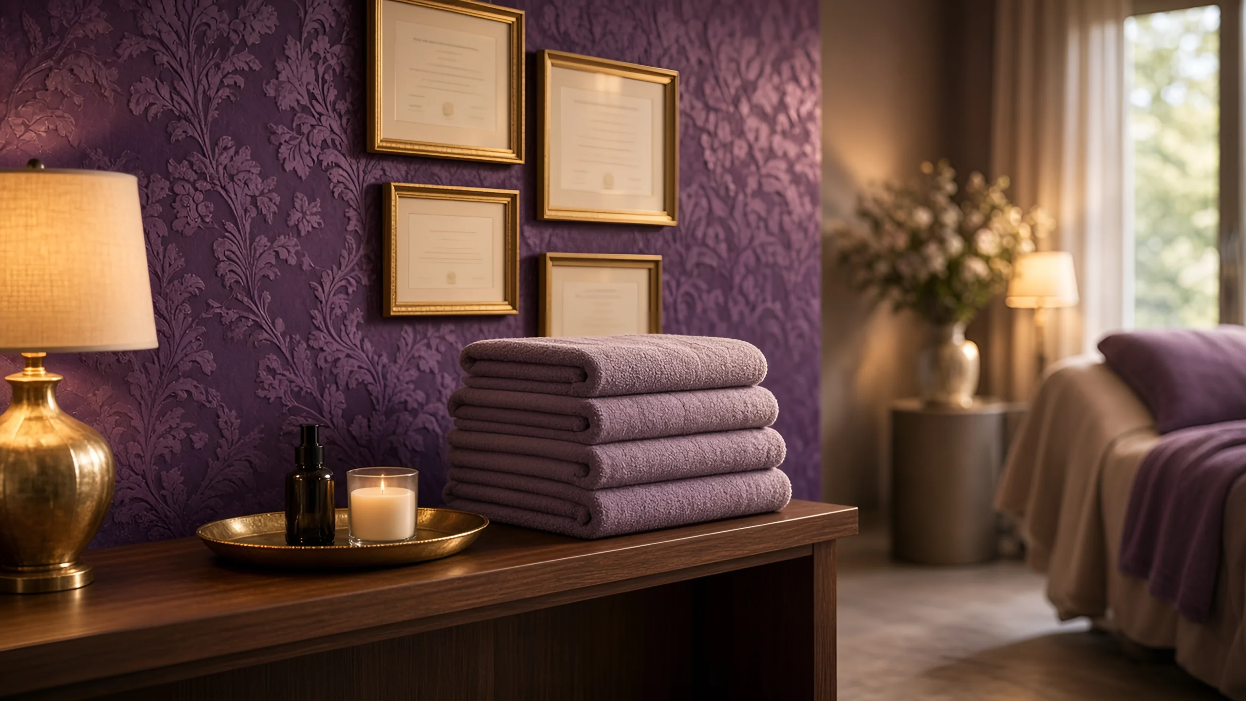 Cryo Sculpting for Pendleton clients — Spa treatment room with purple towels and a lit candle