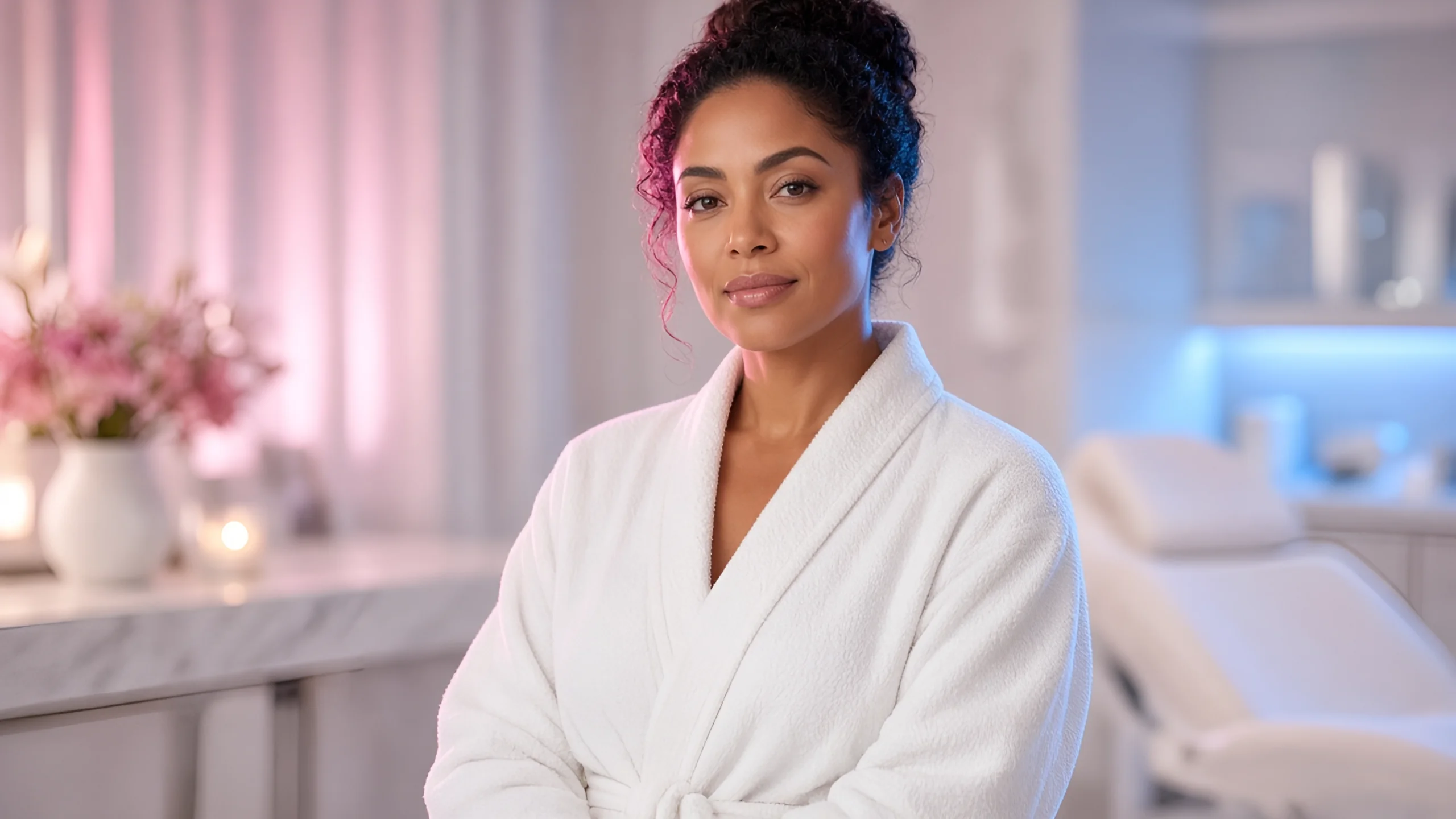 A serene woman in a white spa robe in a modern lounge with soft pink and blue light