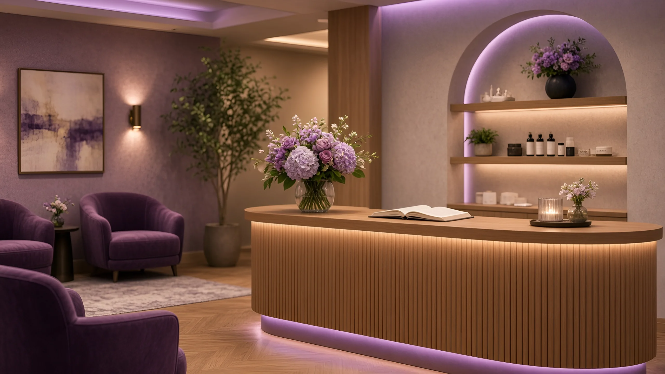 Elegant spa reception with a curved wooden desk, purple flowers, and soft ambient purple lighting