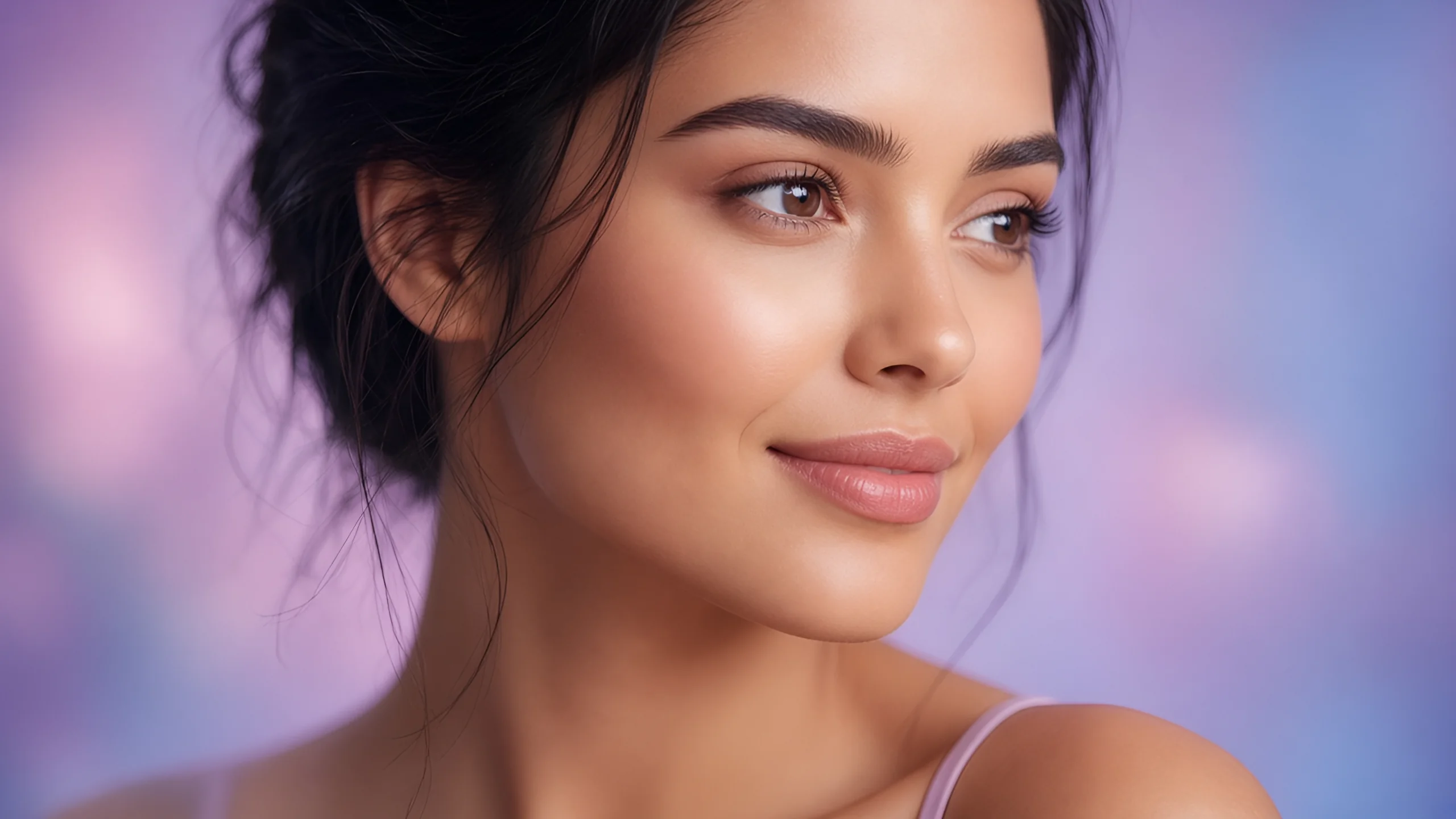 Close-up portrait of a woman with radiant skin against a soft purple and blue background