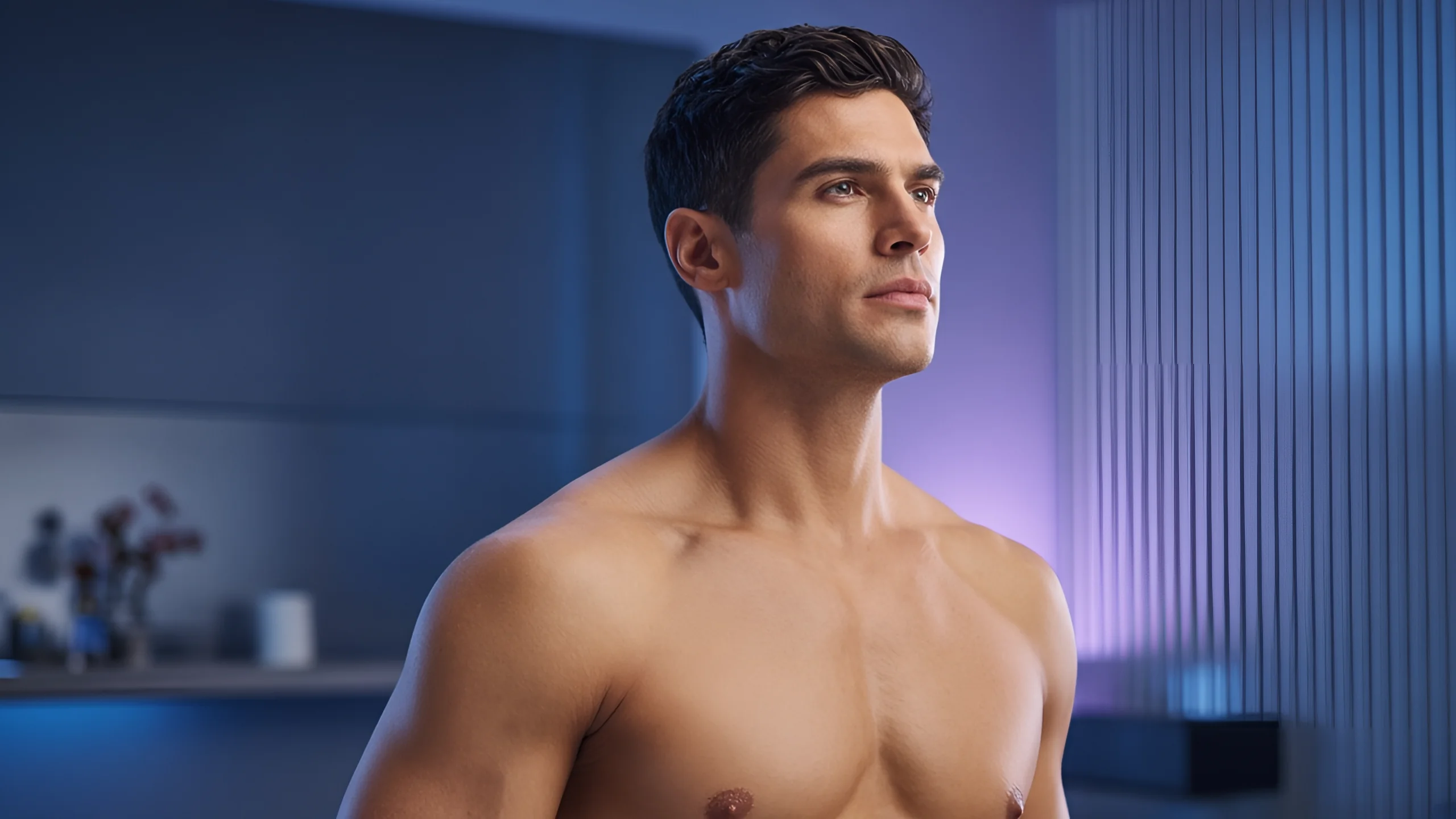A well-groomed man in a modern blue-lit spa setting for men’s waxing